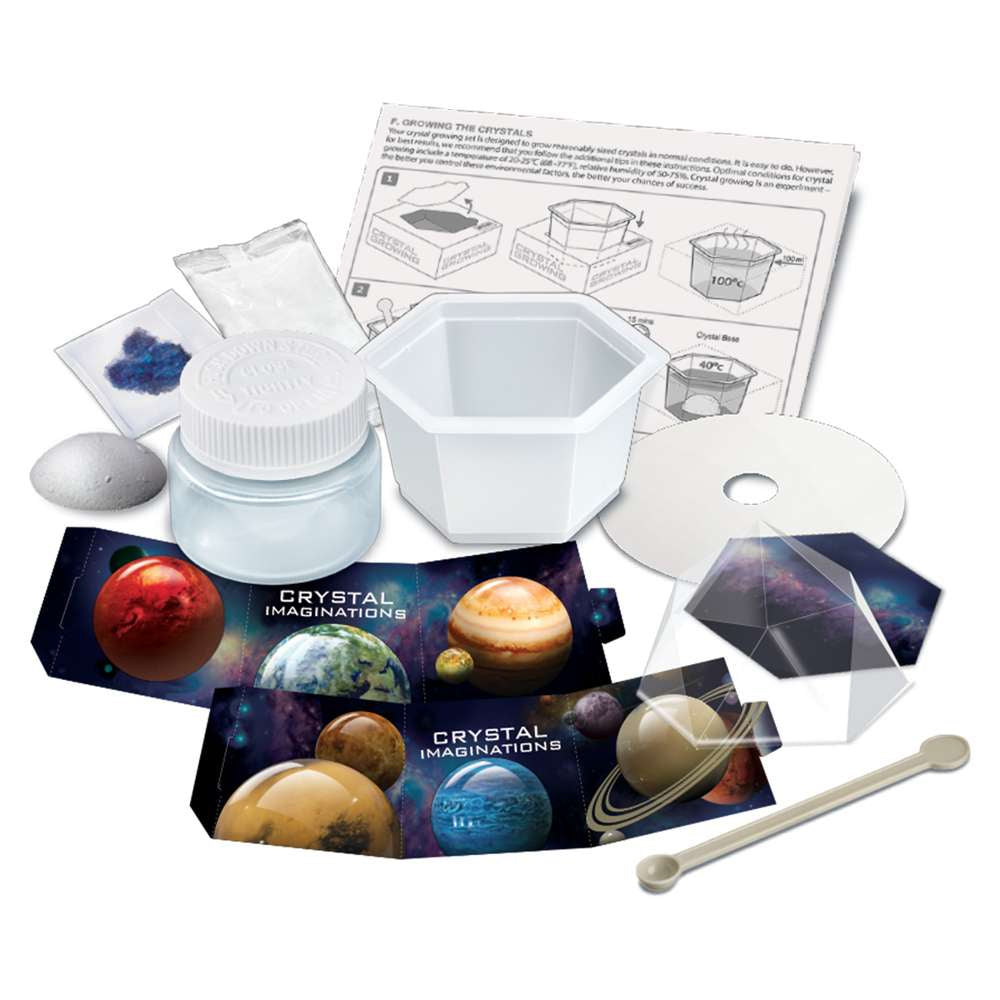 Crystal growing kit contents arranged on a white background