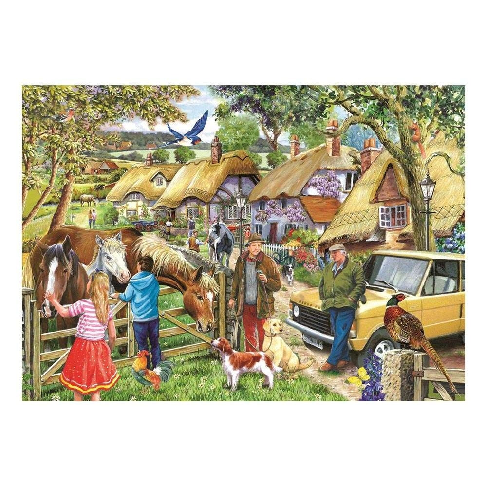 The image for a 500 XL piece jigsaw puzzle from House of Puzzles, depicting a scene with horses, cottages and dogs