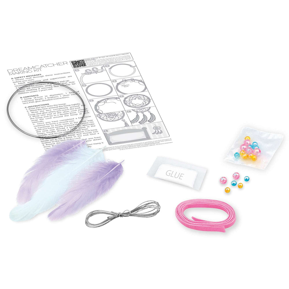Craft kit with feathers, string, beads, and instructions on how to make a dream catcher a white background
