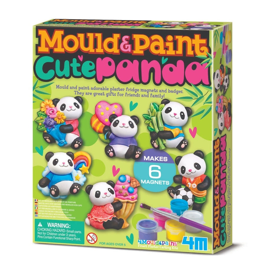 The green box for the children's craft kit Mould and Paint Cute pandas, depicting images of the 6 panda magnets the kit makes
