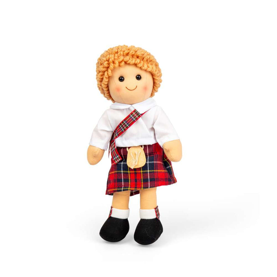 BigJigs ragdoll called Arran wearing a red tartan kilt with white shirt and sash