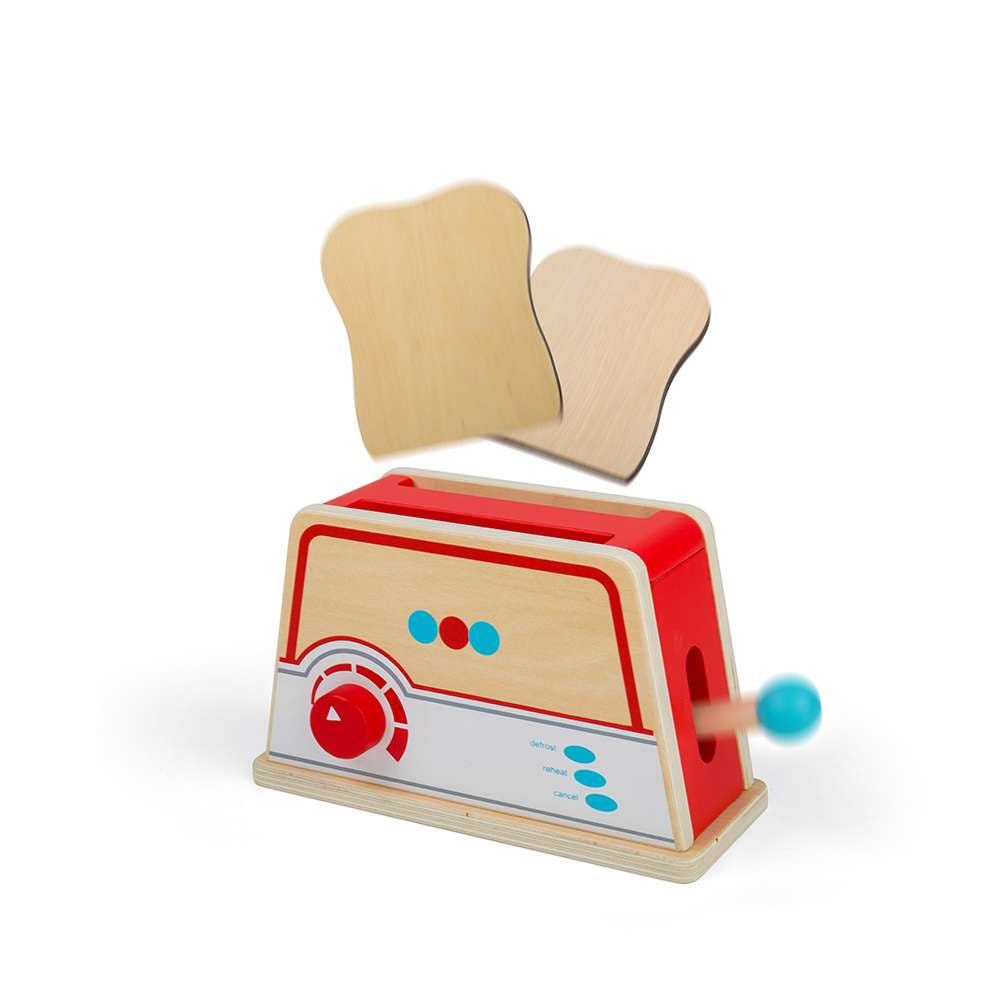 A BigJigs red, white and blue wooden toaster with 2 slices of wooden bread popping out of the top