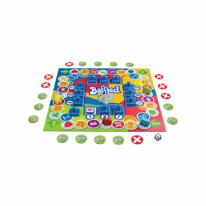 The Baffled board game set displayed on a clean white background, featuring the colorful game board, player tokens, red and green action tokens, and various circular game pieces arranged around the board.
