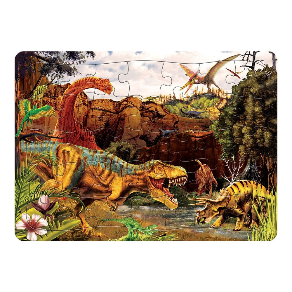 A cobble hill tray jigsaw puzzle depicting a prehistoric scene with dinosaurs