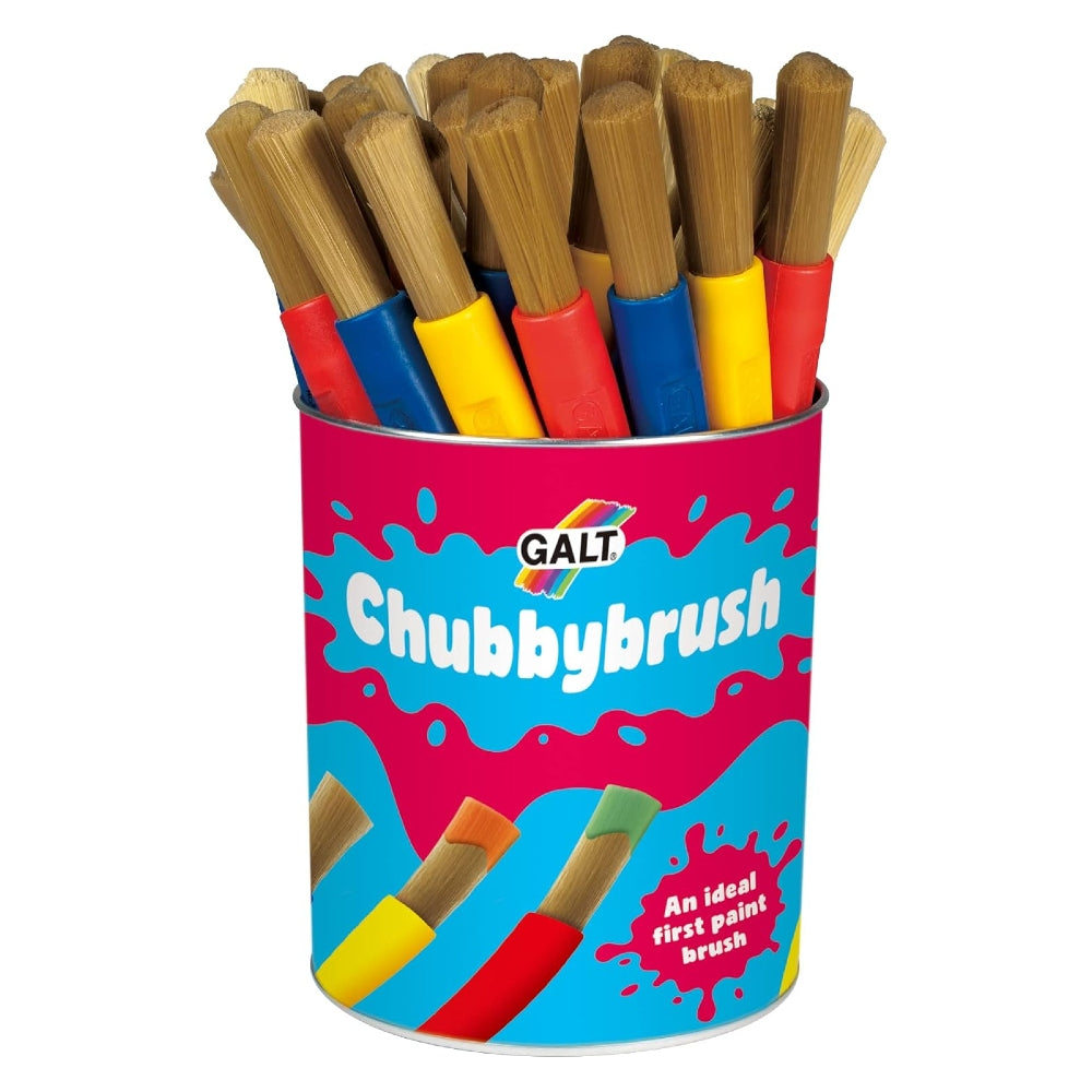 A tin of GALT Chubbybrushes, featuring a bright pink and blue label with the GALT brand logo. The brushes inside have brown nylon bristles and colourful handles in red, yellow, and blue