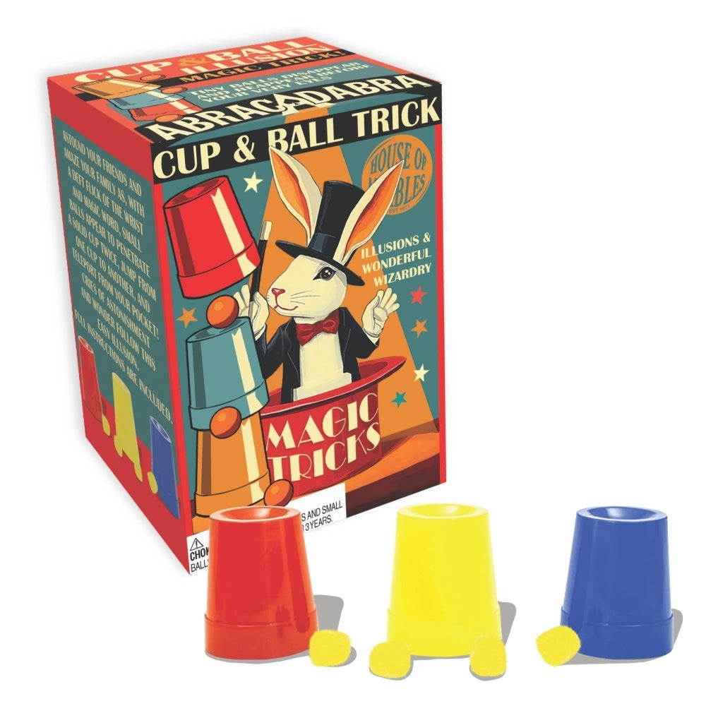Box for cup and ball magic trick, with 3 cups and 4 pompoms