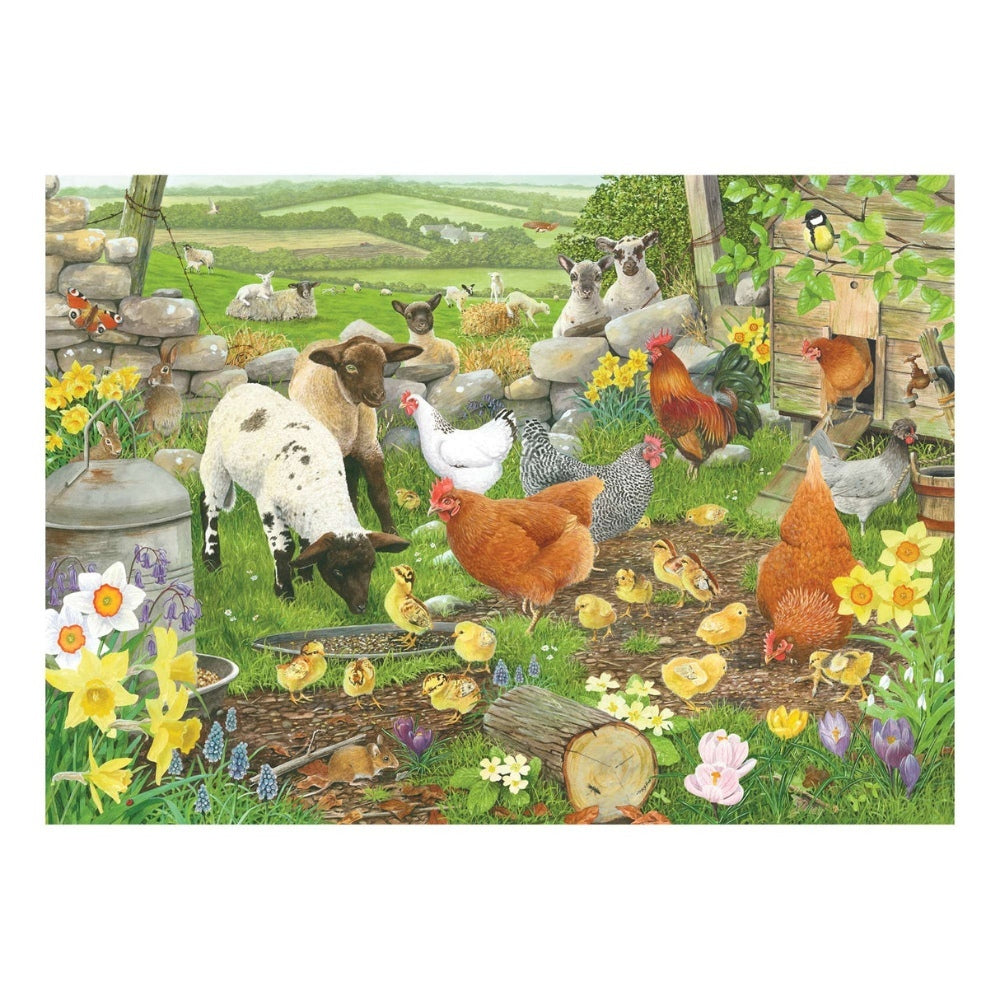 Image of the house of puzzles Big 500 piece jigsaw Spring Chickens, including a country landscape with chickens and lambs