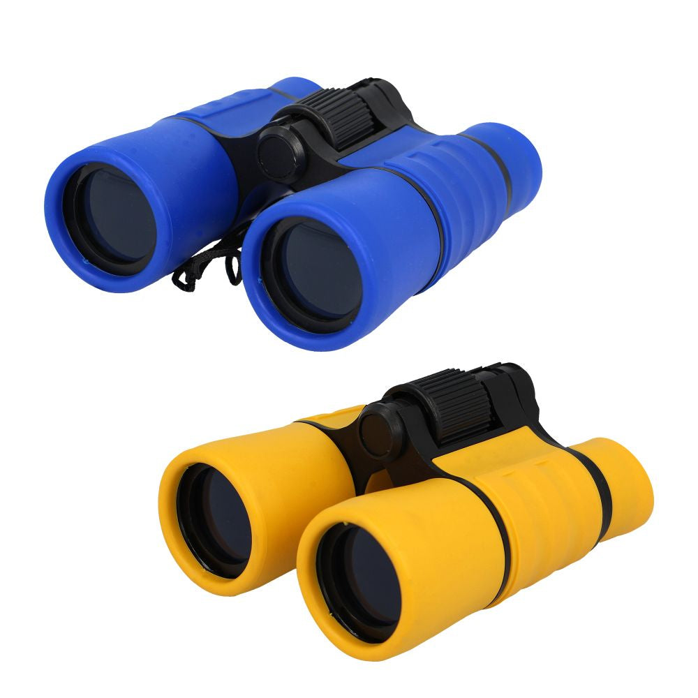 Blue and yellow children's binoculars on a white background