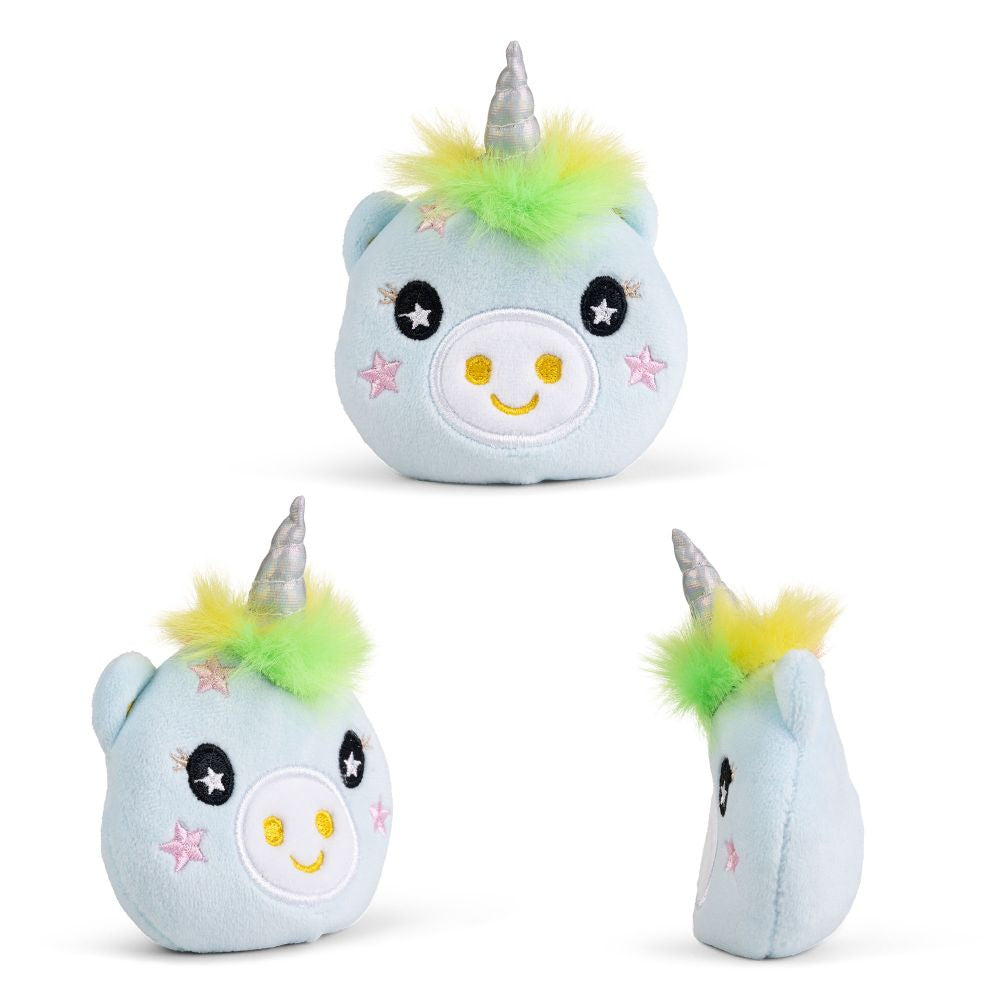 Plush unicorn toy with a smiling face on a white background