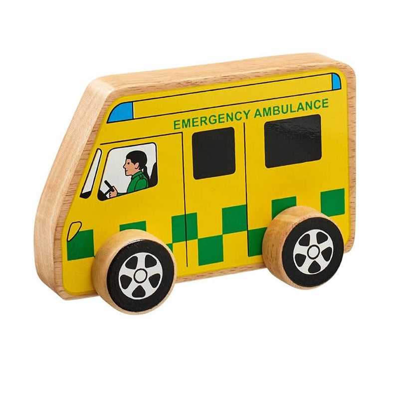 A chunky wooden push along toy ambulance with yellow and checked green sides and a cartoon paramedic driving, and natural wood edges. From Lanka Kade