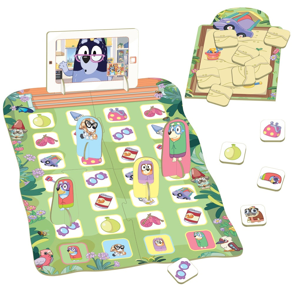 Children's educational game with cartoon Bluey characters and interactive elements on a green mat.