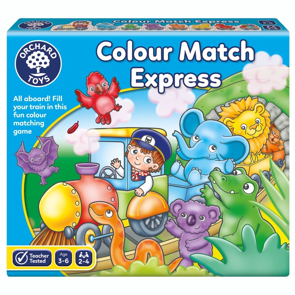 Box for the Orchard Toys Colour Match Express children's game, with animals and train pictured