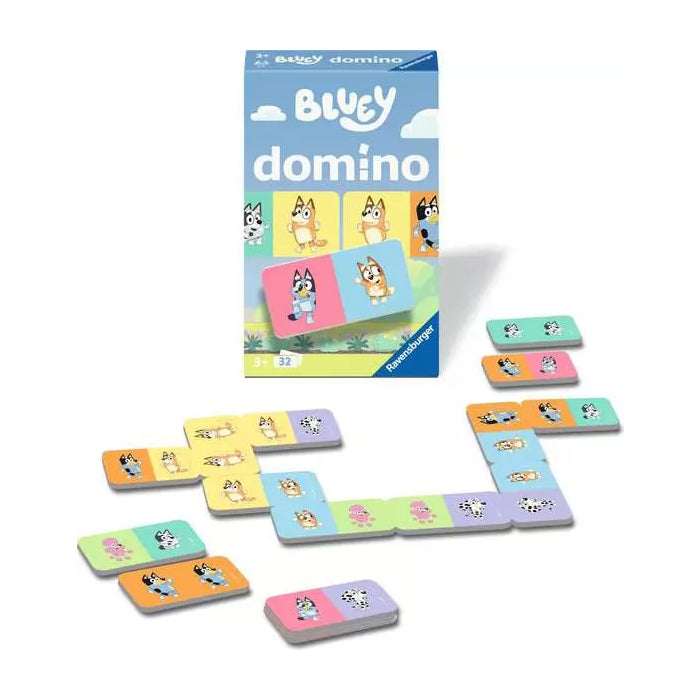 Bluey dominoes set with colorful tiles and packaging on a white background