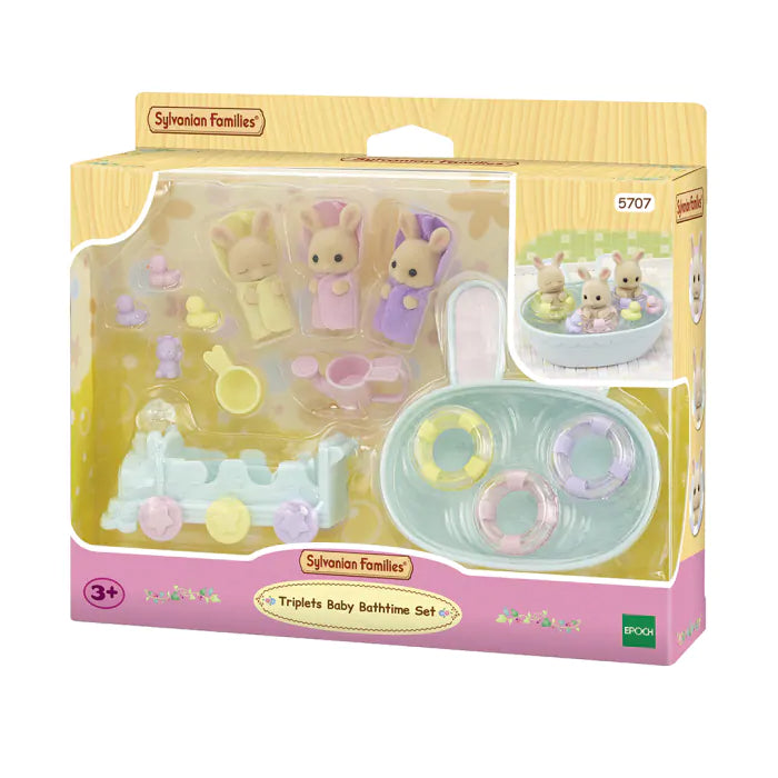 The yellow and pink box for the Sylvanian Families Triplets Baby Bathtime Set, showing three baby rabbit figures and accessories