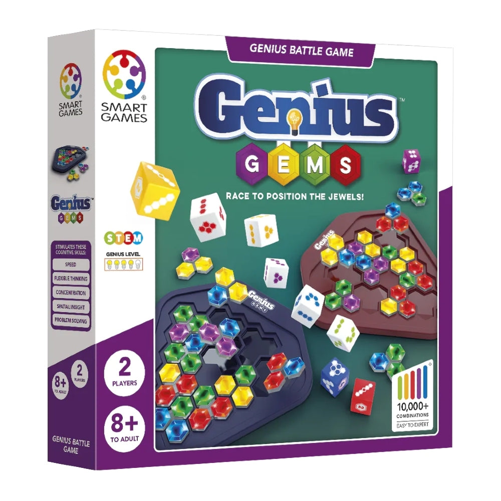 The box for Smart Games battle game Genius Gems, with an image of the two game boards and a mix of colourful gem shaped play pieces and dice