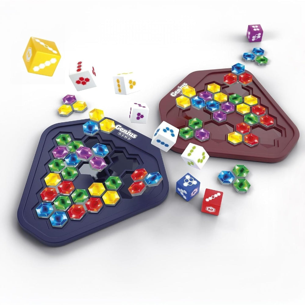 All the pieces for Genius Gems from Smart Games. A set of two board games with colourful hexagonal tiles on triangular boards, surrounded by scattered multi-coloured dice on a clean white background. The left board is dark blue and the right board is dark red/brown.