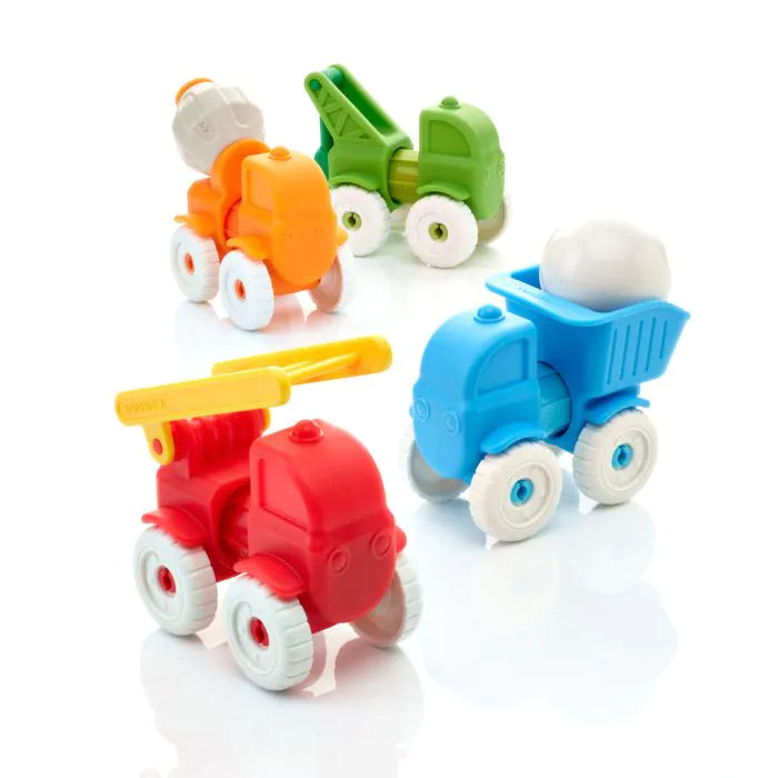 Set of colorful SMARTMax magnetic toy construction vehicles on a white background