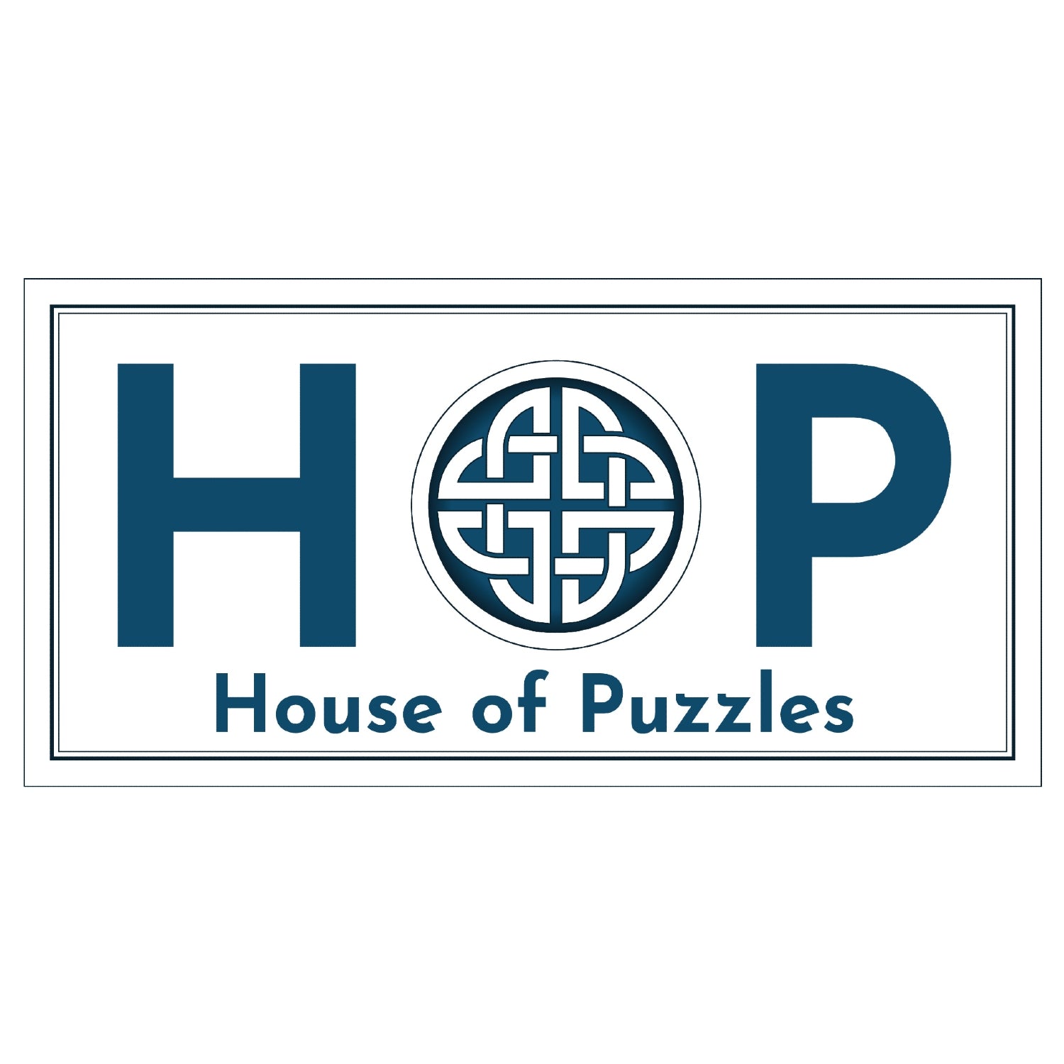 Blue and white logo for house of puzzles, or HOP
