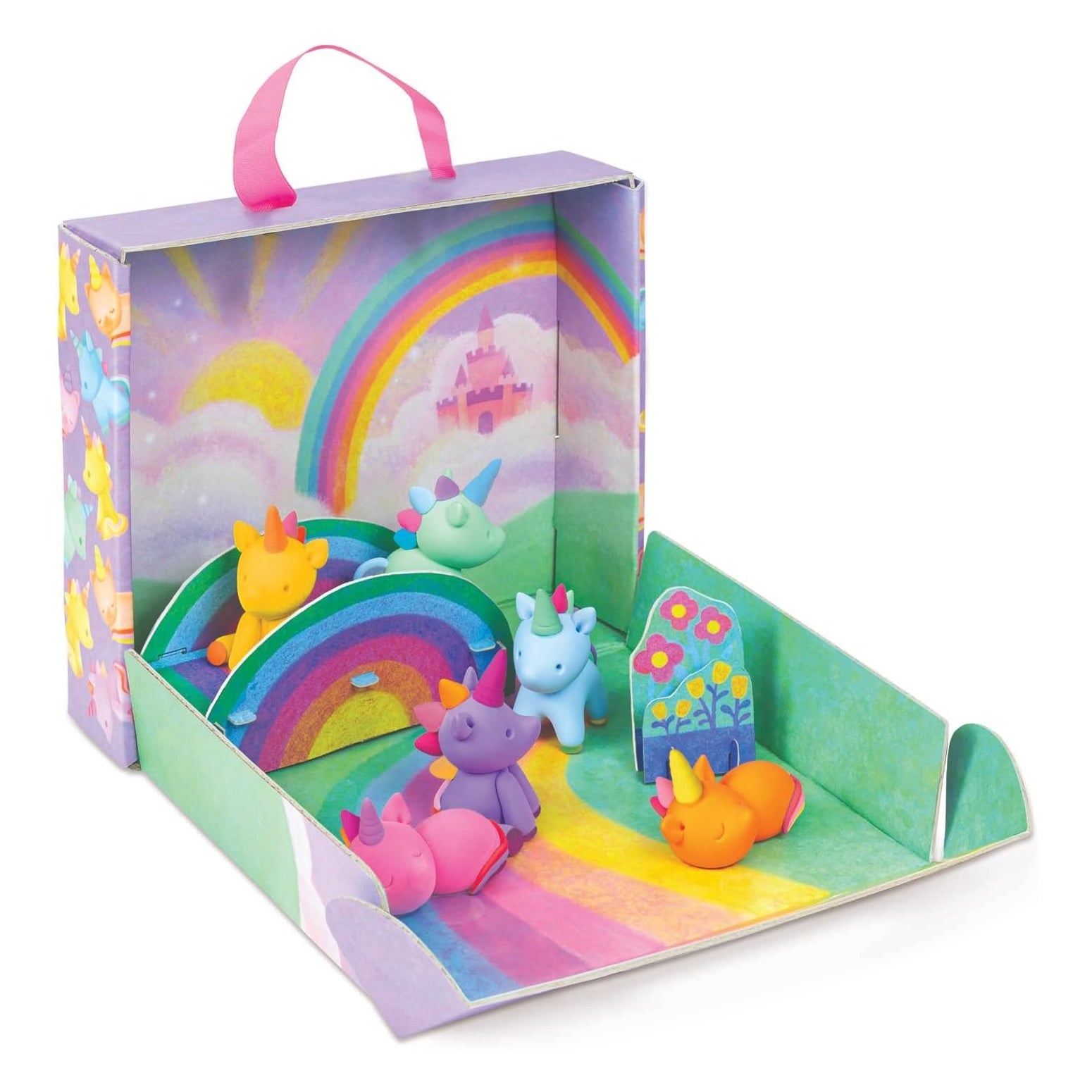 Claytopia Unicorn World with air drying clay tubs and crafted unicorns with box display