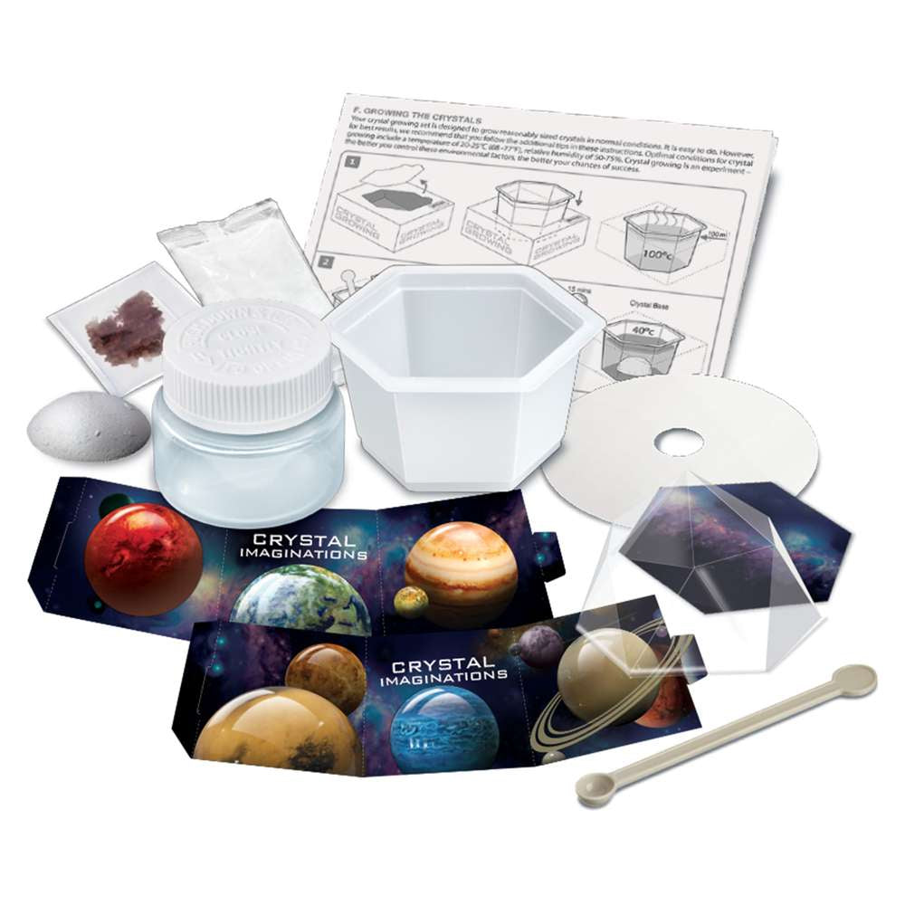 Crystal growing kit with materials and instructions on a white background