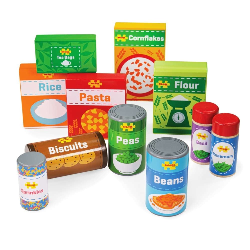 A set of wooden pretend play food packets from BigJigs, including tea bags, rice, pasta, cornflakes, flour, peas, beans, biscuits, sprinkles, basil and rosemary