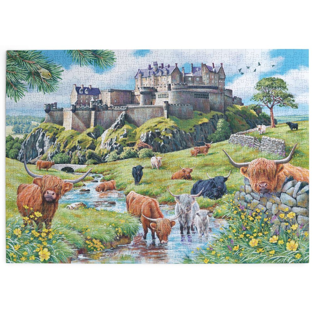 Image of the 1000 piece jigsaw puzzles completed picture, Stirling Castle surrounded by highland cows, from House of Puzzles