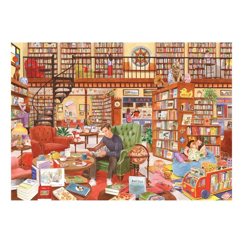 An image of the 500 piece jigsaw puzzle from House of Puzzles called Tea and Tales, depicting a scene of people reading books in a large library with tea and cake