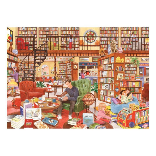 An image of the 500 piece jigsaw puzzle from House of Puzzles called Tea and Tales, depicting a scene of people reading books in a large library with tea and cake