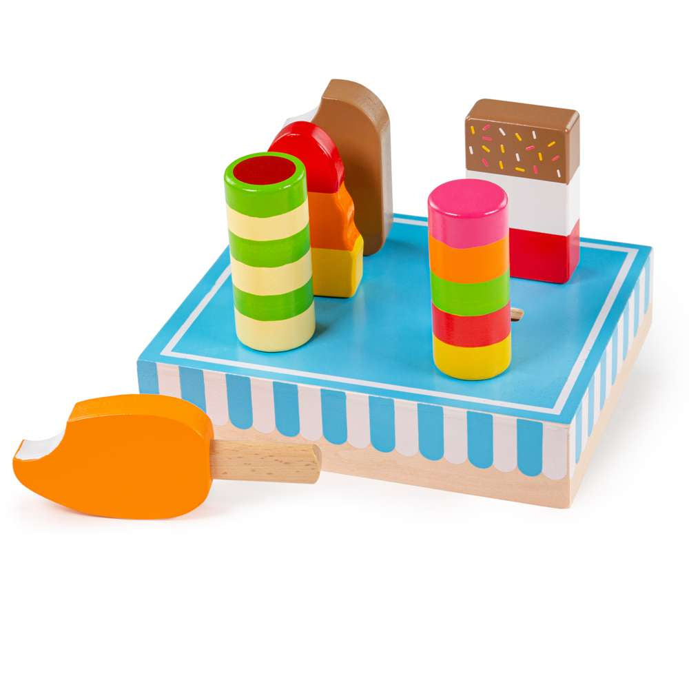 6 different styles of colourful wooden ice lollies propped up in a blue and white wooden stand. From BigJigs toys.