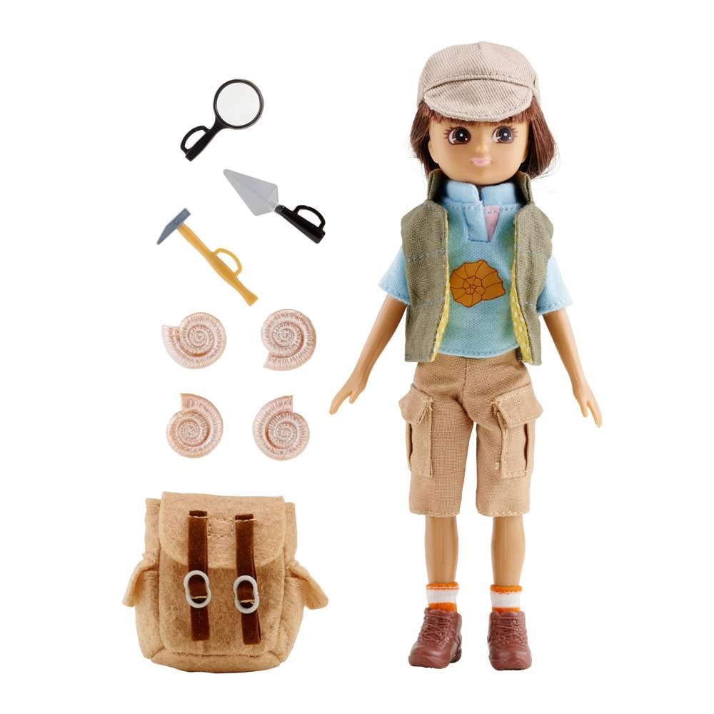 Fossil Hunter Lottie Doll in explorer outfit with backpack, magnifying glass, and tools on a white background