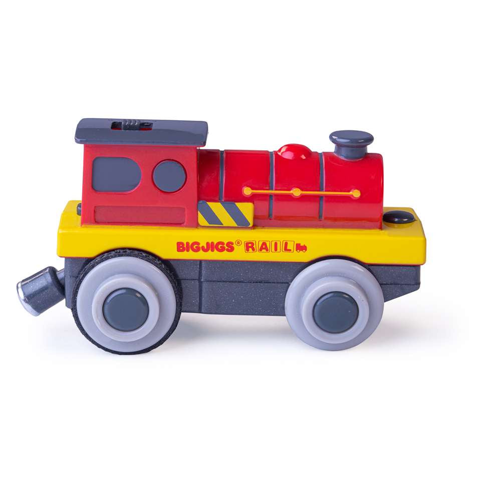 A red, yellow and dark grey toy battery powered train for wooden railway sets by BigJigs toys