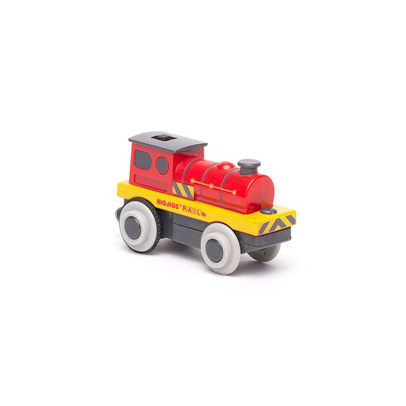 A red, yellow and dark grey toy battery powered train for wooden railway sets by BigJigs toys