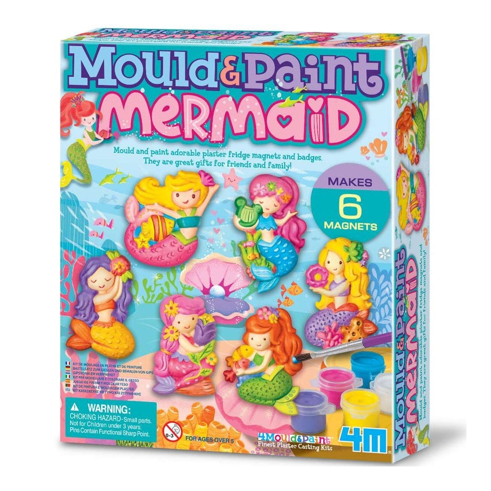 The blue sea themed box for the Mould and Paint Mermaids children's craft kit from 4M, depicting 6 colourful mermaids on the front