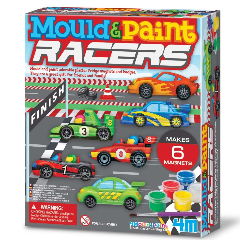 Box for mould and paint racers craft kit with 6 painted plaster race cars