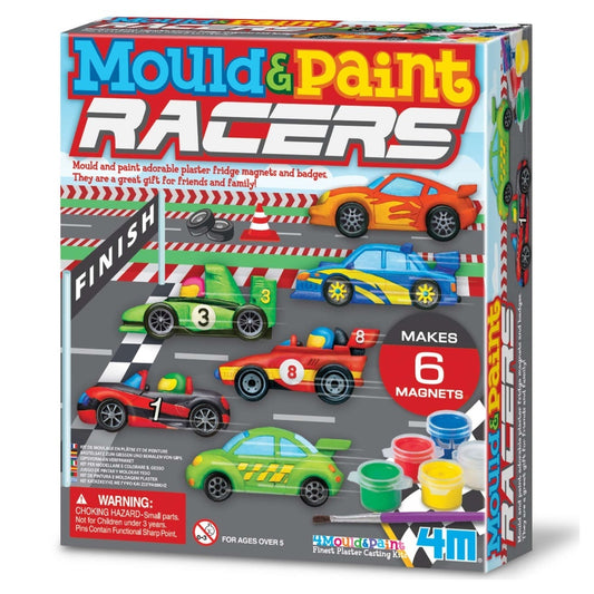 Box for mould and paint racers craft kit with 6 painted plaster race cars