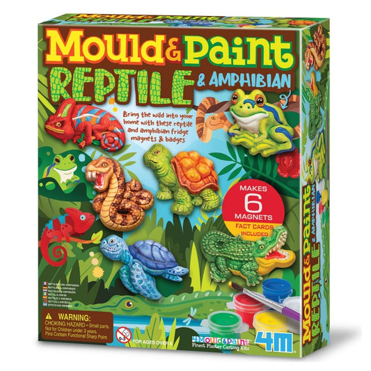 Box for mould and paint retiles and amphibian craft kit with 6 painted plaster animals