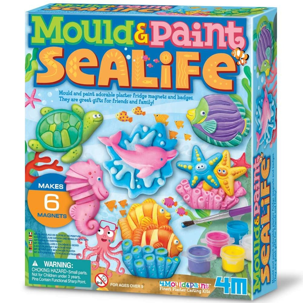 The blue box for the children's craft kit Mould and Paint Sealife, depicting images of the completed sea creature magnets on the front