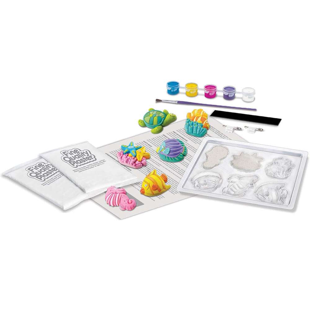 Children's Mould and Paint craft kit with bags of plaster, tools, and instructions on a white background