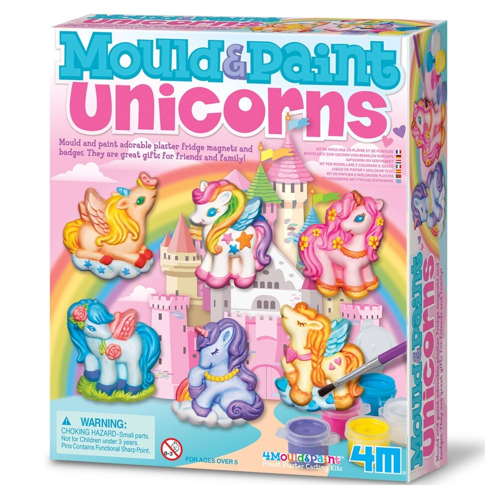 Box for mould and paint unicorns craft kit with 6 painted plaster unicorns