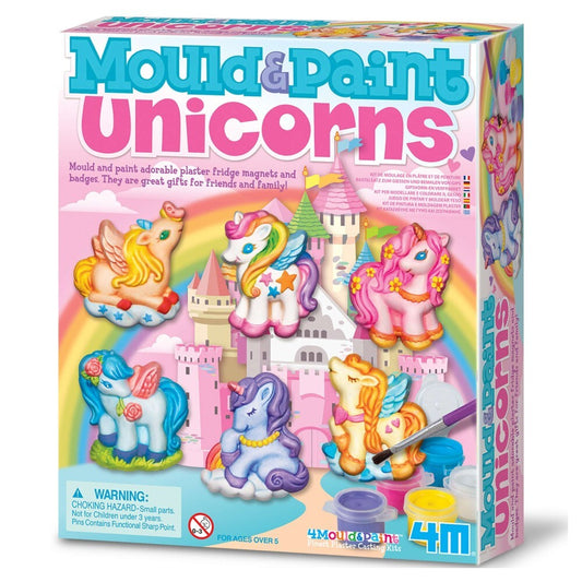 Box for mould and paint unicorns craft kit with 6 painted plaster unicorns