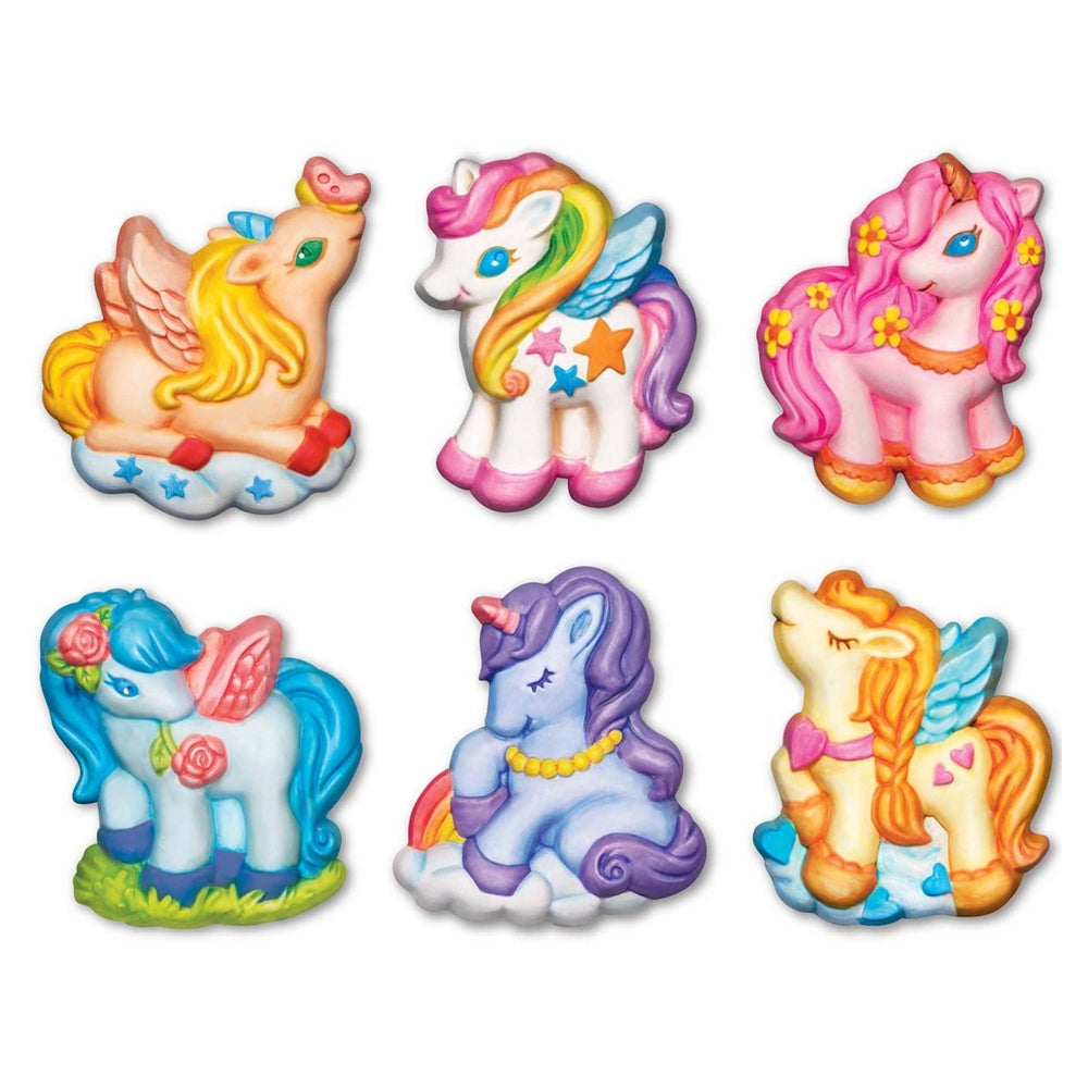 Set of colourful painted plaster unicorns on a white background