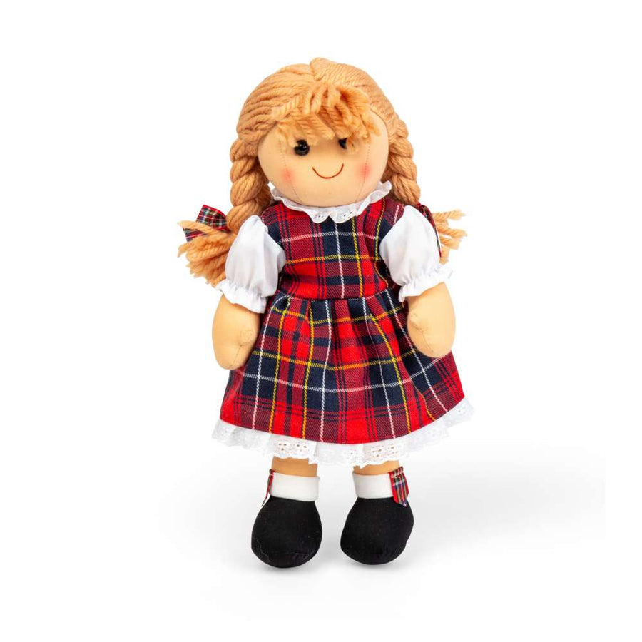BigJigs ragdoll called Iona wearing a red tartan dress with ribbons in her hair