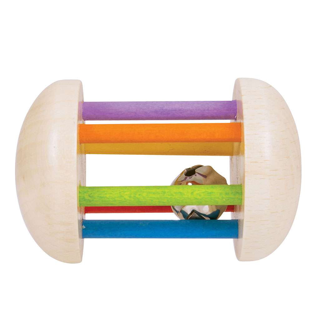 A wooden bigjigs cage rattle with a metal bell in the middle