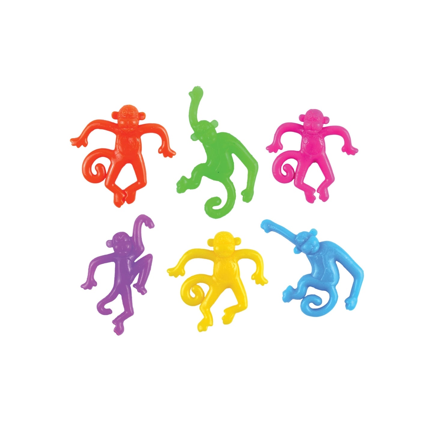 6 colourful stretchy money toys on a white background