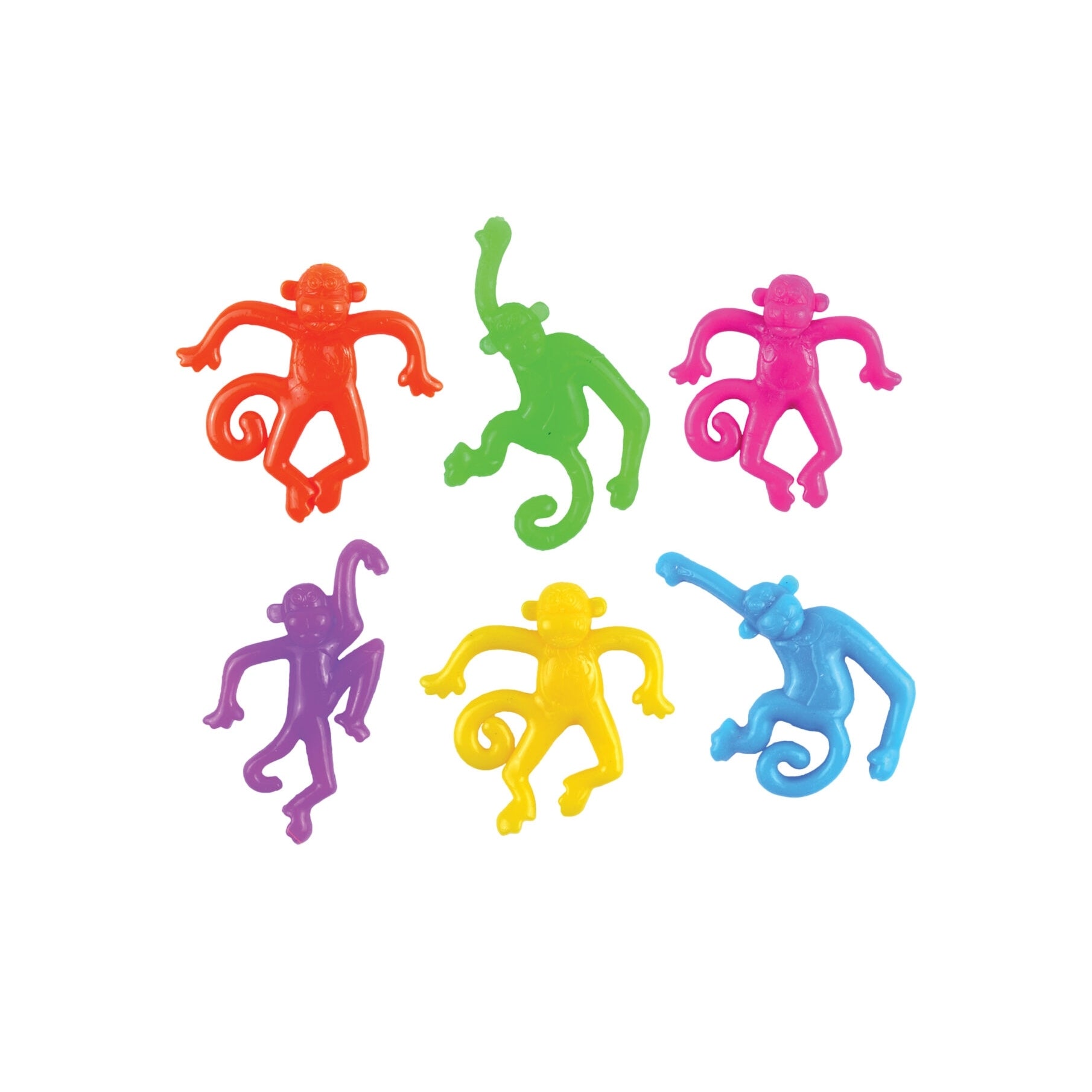 6 colourful stretchy money toys on a white background