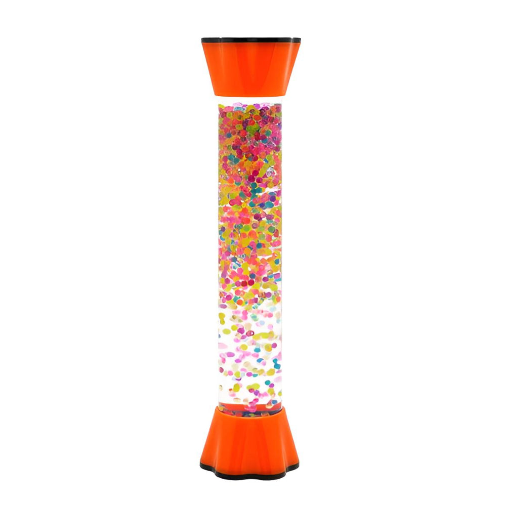 a tube shaped sensory shaker filled with colourful beads