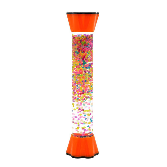a tube shaped sensory shaker filled with colourful beads
