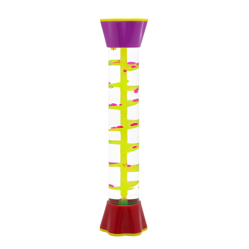 a tube shaped sensory shaker with pink droplets and a yellow spiral core