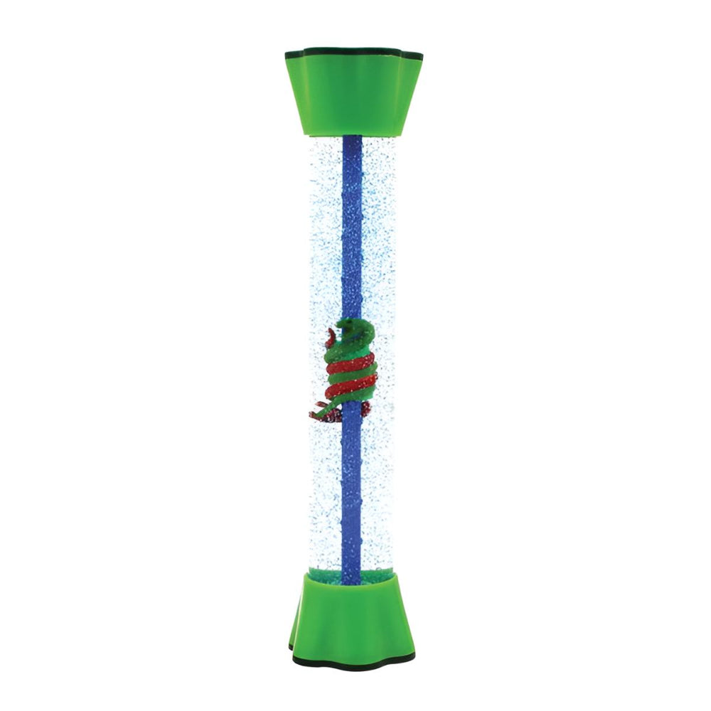 a tube shaped sensory shaker filled with glitter and a spinning snake