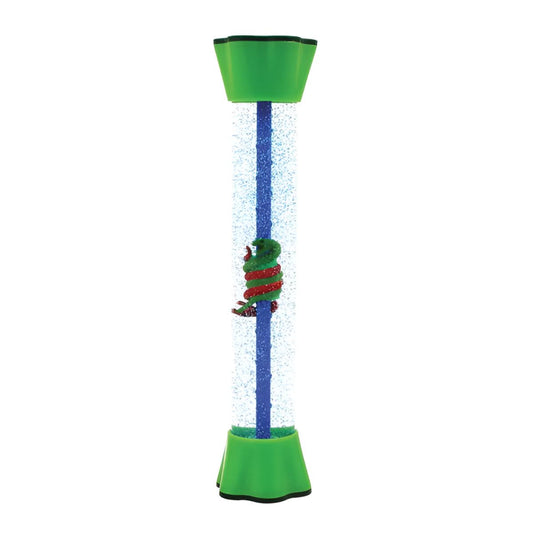 a tube shaped sensory shaker filled with glitter and a spinning snake